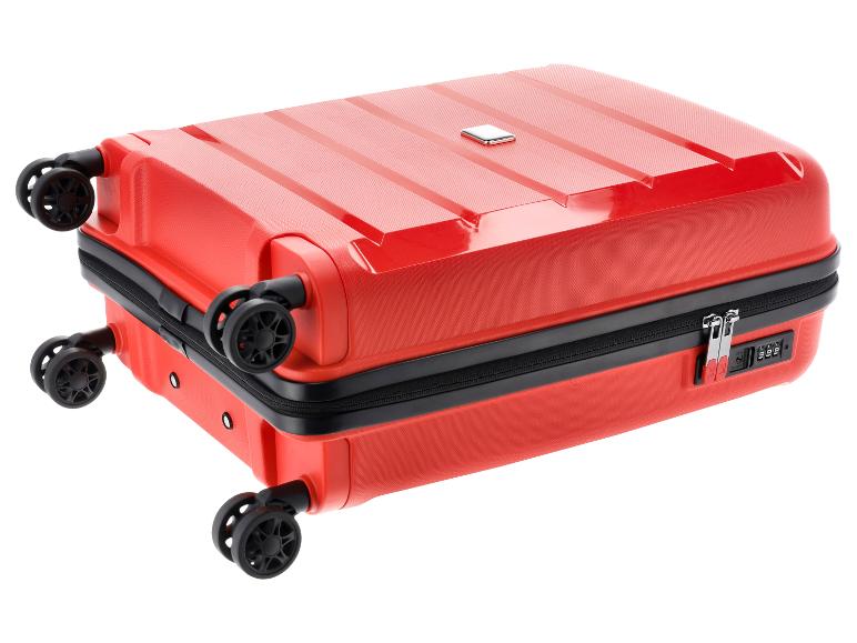 Valise rigide rouge avec quatre roues pivotantes et une serrure à combinaison.