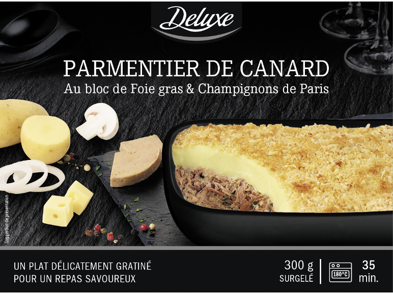 Parmentier de canard au foie gras et champignons de Paris, 300g surgelé, 35 min à 180°C.