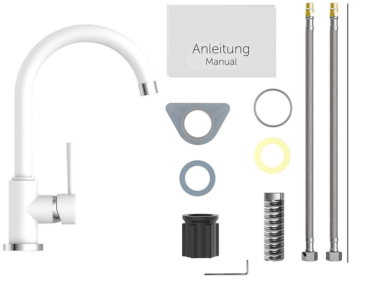 Un robinet de cuisine blanc avec deux tuyaux de raccordement et des instructions d'installation.