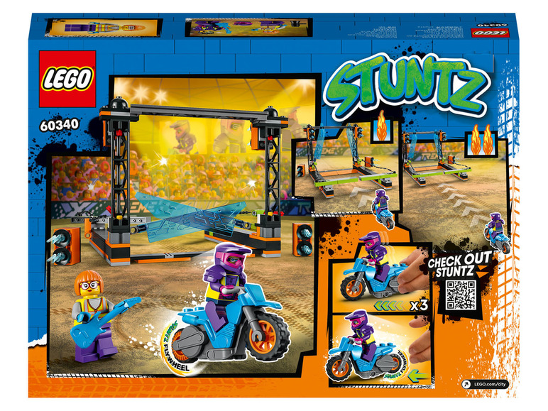 Ensemble Lego Stuntz avec des motos de cascade et une scène.