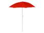 Parasol de plage rouge à motif géométrique sur fond blanc.