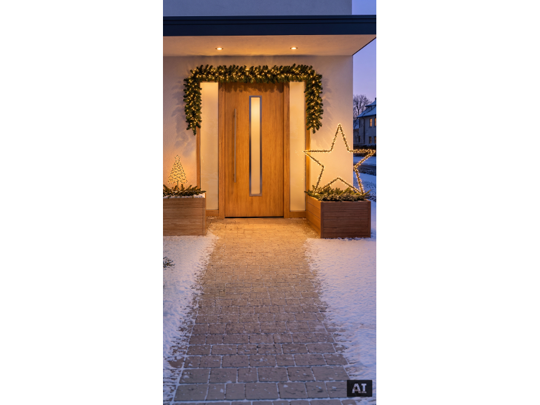 Guirlandes de Noël et décorations lumineuses à la porte d'entrée dans un paysage hivernal enneigé.
