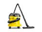 Aspirateur eau et poussière jaune et noir avec tuyau et buse de sol.