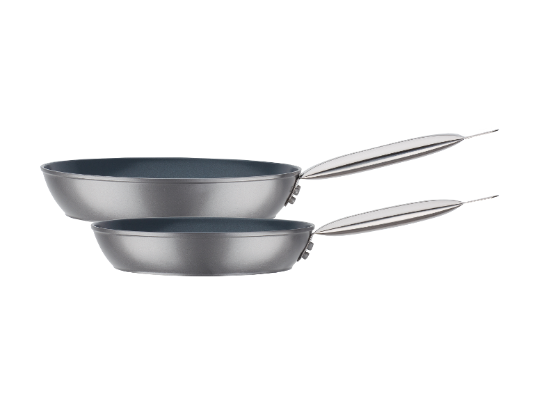 Lot de 2 poêles GSW Gastro Quick grises avec intérieur foncé et poignées métalliques.