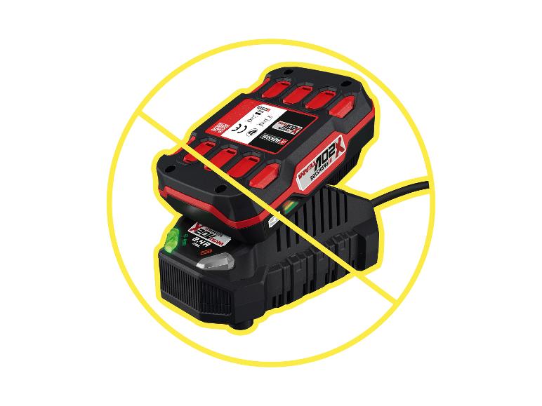 Une batterie Parkside X20V Team avec un cercle d'avertissement jaune.