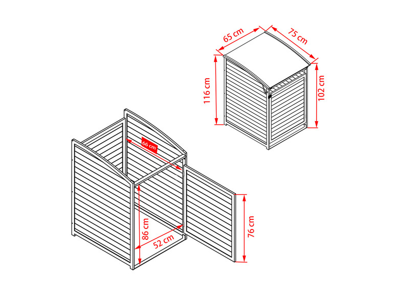 Deux caisses de rangement en bois avec des dimensions en centimètres.