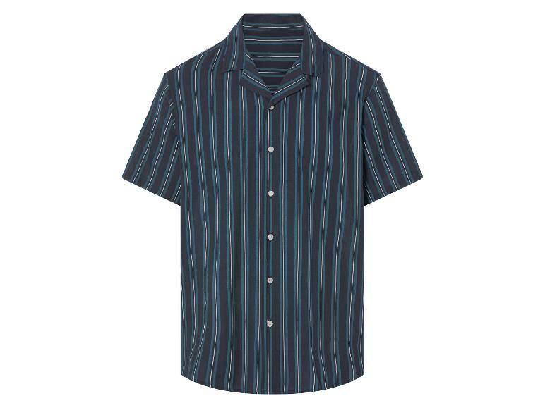 Chemise à manches courtes à rayures bleu marine et turquoise.