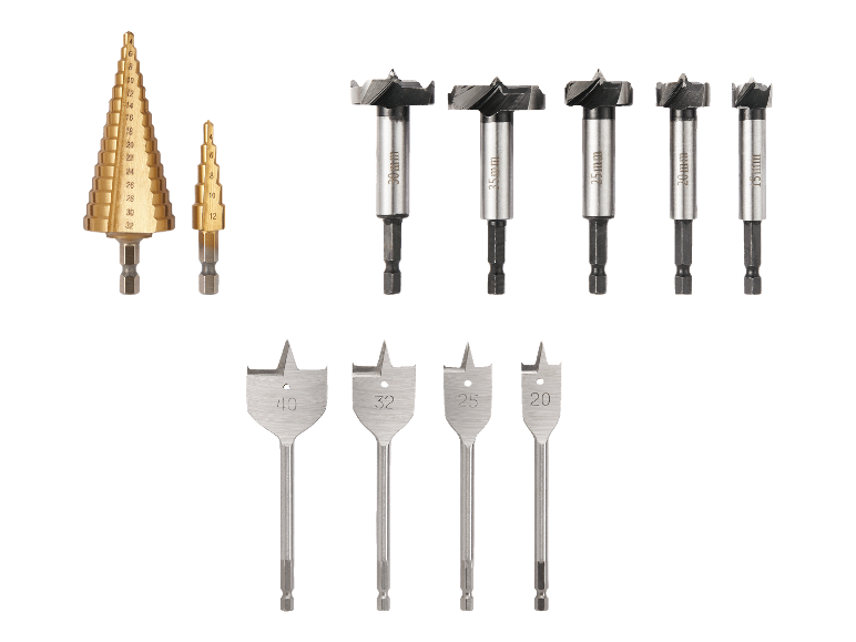 Ensemble de mèches de différents types et tailles pour le bois et le métal.