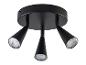 Un luminaire de plafond noir avec trois lumières ajustables.