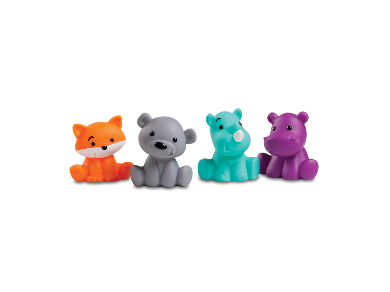 Jouets de bain animaux : renard, ours, rhinocéros et hippopotame.