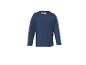 Un pull bleu marine à manches longues pour enfant, avec une étiquette au col.
