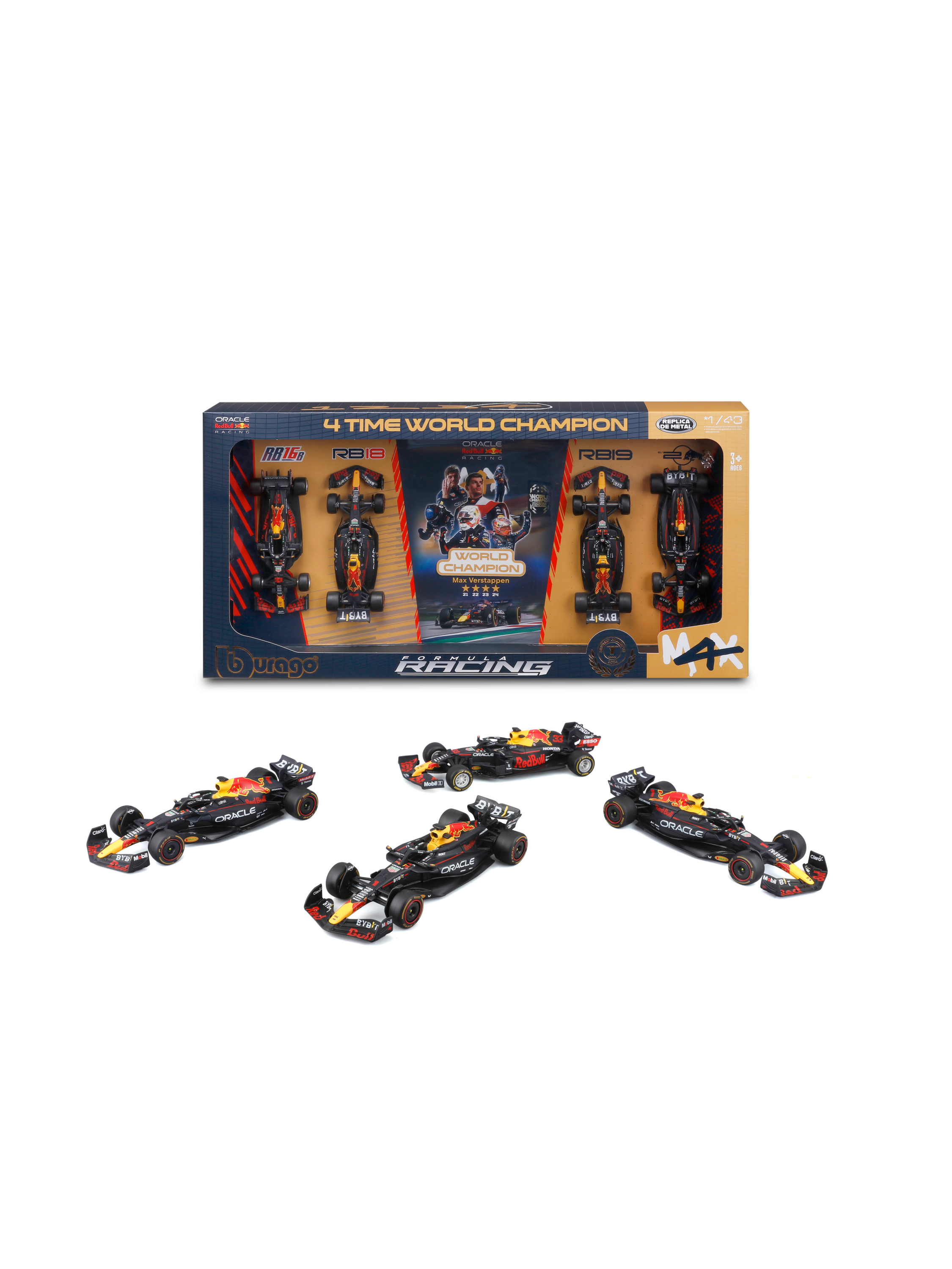 Bull Set F1 4X 4 Time World Champion RB16B N 33 Season 2021 RB18 N 1 Season 2022 RB19 N 1 Season 2023 RB20 N 1 Season 2024 Max Verstappen Matt Yellow - vue 2