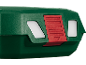 Boîtier d'outil vert avec bouton rouge et inserts blancs.