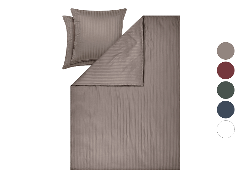 Parure de lit en satin LIVARNO® marron à rayures, comprenant deux taies d'oreiller et une housse de couette.