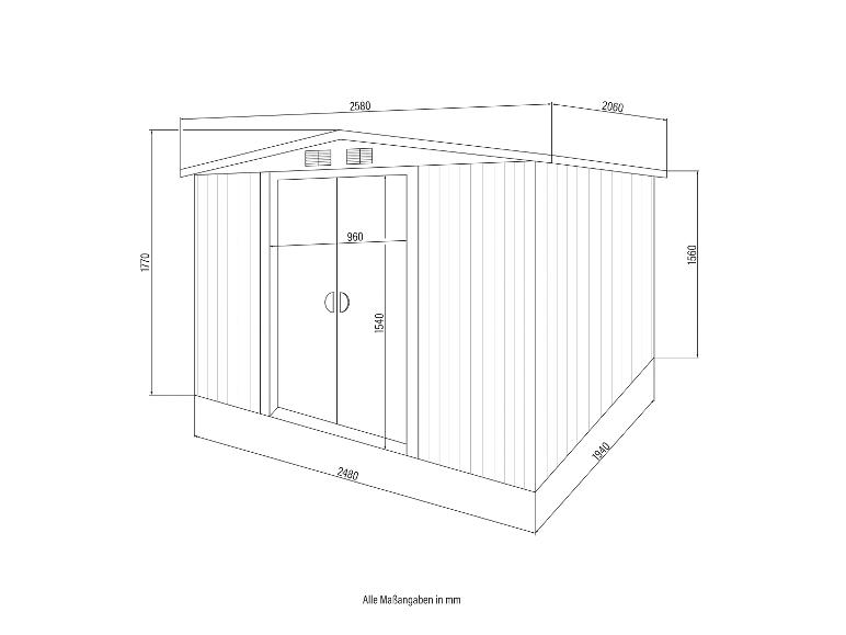 Dessin technique d'un abri de jardin avec des mesures en millimètres.