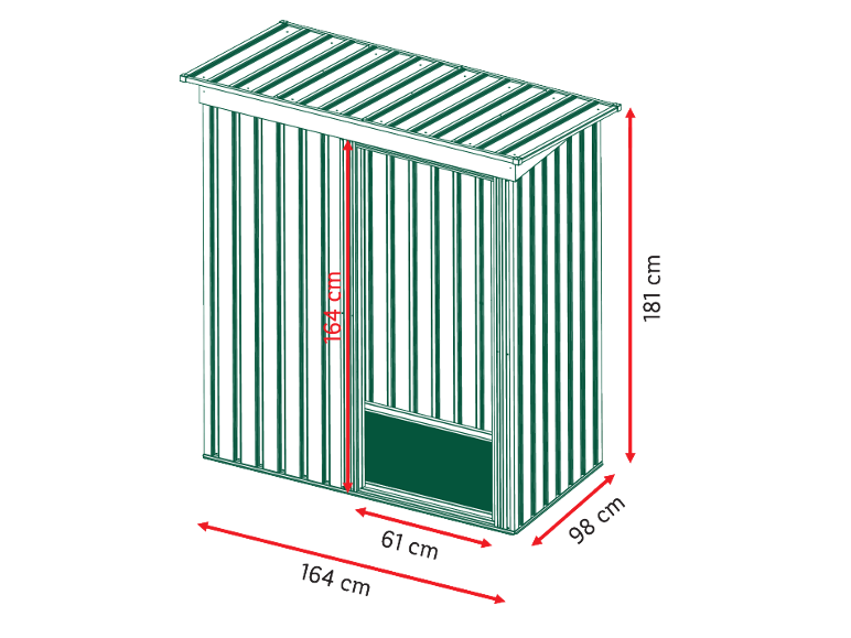Abri de jardin vert mesurant 164 cm (largeur) x 98 cm (profondeur) x 181 cm (hauteur).