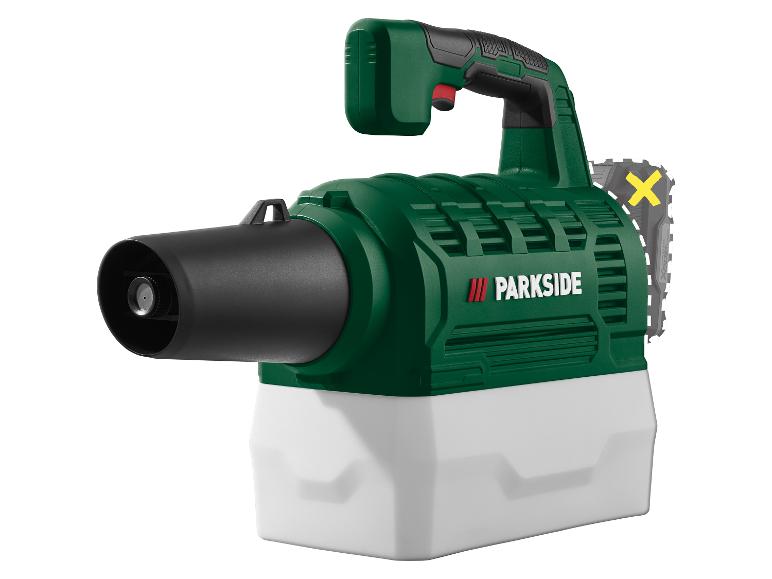 Pulvérisateur de brouillard sans fil vert avec réservoir blanc et gâchette rouge.