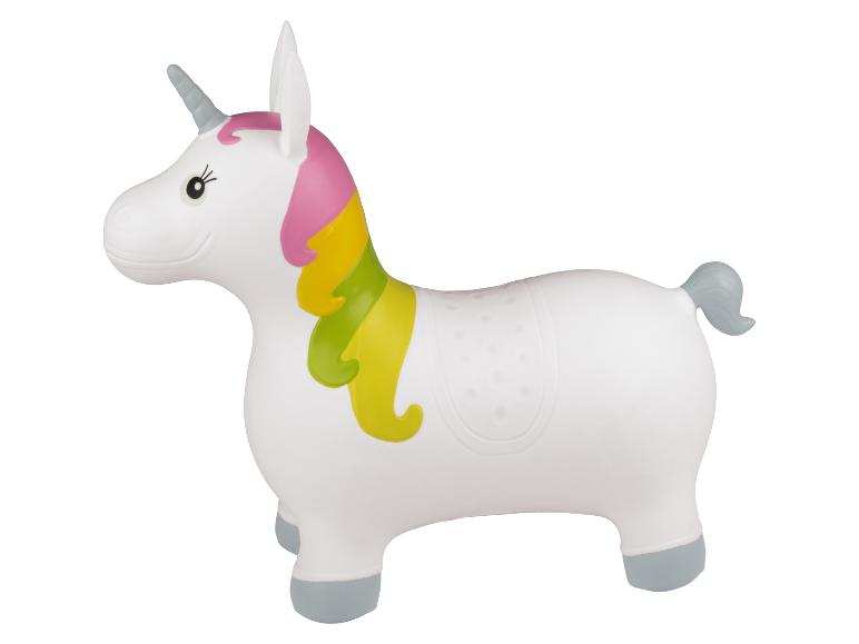 Jouet gonflable licorne blanche à crinière colorée.