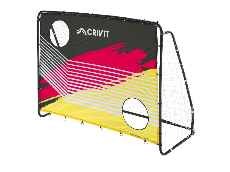 Cage de football pliable avec cible de précision en noir, rouge et jaune.