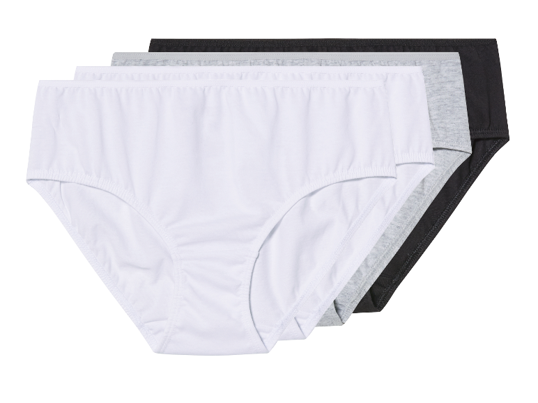 Trois paires de culottes en coton blanc, gris et noir.