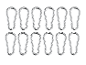 Douze mousquetons métalliques argentés alignés.