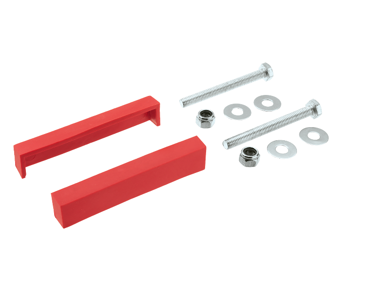 Deux blocs rouges en plastique et deux boulons avec écrous et rondelles.