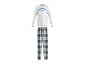 Pyjama homme: haut gris à manches longues avec texte 'Breakfast Club' et pantalon à carreaux.
