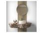 Meuble de salle de bain moderne avec miroir rond, lavabo en béton et accents en bois.