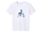 T-shirt blanc à manches courtes avec imprimé dinosaure bleu et empreintes.