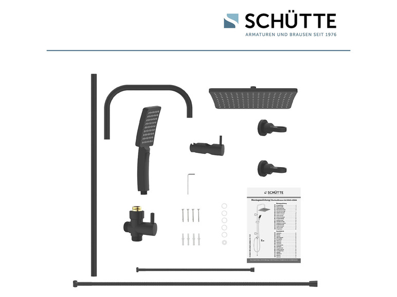 Ensemble de douche noir Schütte avec pomme de douche pluie, douchette et accessoires.
