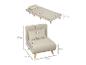 Fauteuil pliant beige avec coussin, convertible en lit, avec dimensions.