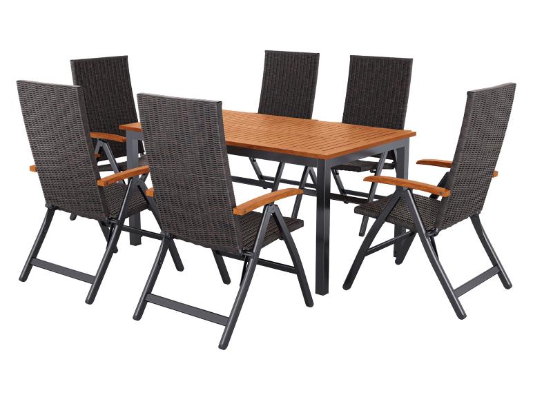 Ensemble de mobilier de jardin en rotin et bois avec table et six chaises pliantes
