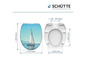 Un abattant de toilette avec une image de voilier et des dimensions.