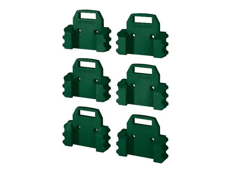 Six supports muraux vert foncé pour outils, avec deux trous de vis et une poignée supérieure.