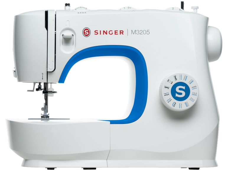 Machine à coudre blanche avec accent bleu et sélecteur de points.
