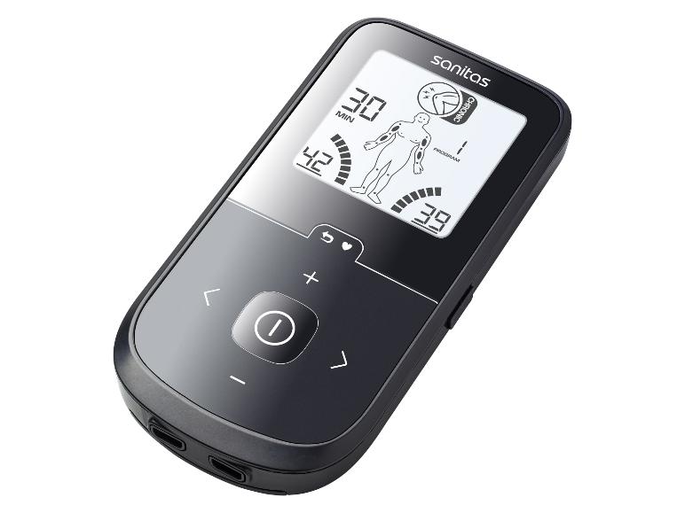 Appareil de stimulation musculaire Sanitas noir avec écran affichant un corps humain et des réglages.