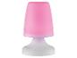Petite lampe de table rose avec une base blanche.