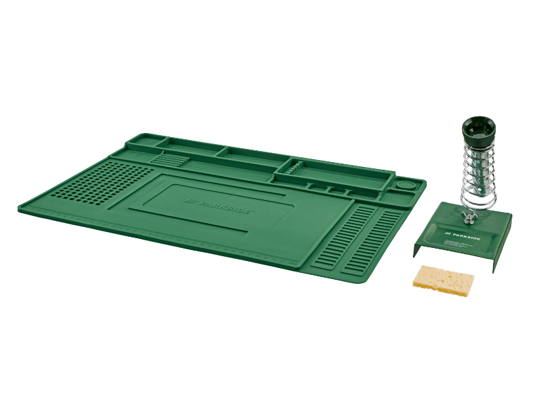 Tapis de soudure vert avec compartiments et support de fer à souder avec éponge.