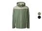Veste softshell homme verte et beige avec capuche et fermeture éclair.
