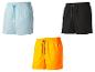 Shorts de bain : rayés bleu clair, noir uni et orange vif.