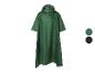 Poncho de pluie vert avec capuche et logo, avec options de couleur vert foncé et noir.