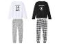 Deux ensembles de pyjamas à manches longues, l'un avec un imprimé 'Wednesday' et l'autre avec un logo.