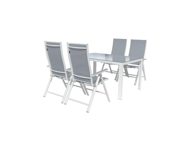 Ensemble table et chaises de jardin pliantes grises ; structure blanche.