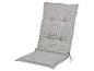 Un coussin de chaise gris à motif à carreaux.