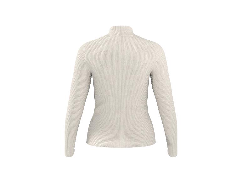 Pull à col roulé côtelé beige clair pour femme, vue de dos.