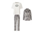 Pyjama à rayures de zèbre, veste grise et t-shirt blanc avec imprimé lèvres.