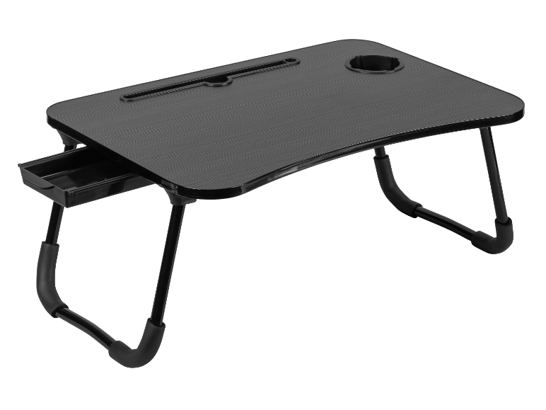 Table pliable noire pour ordinateur portable avec porte-gobelet et tiroir.