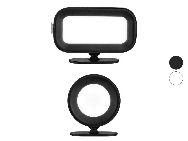 Deux lampes de table LED, une rectangulaire et une ronde, avec options de couleur noir et blanc.