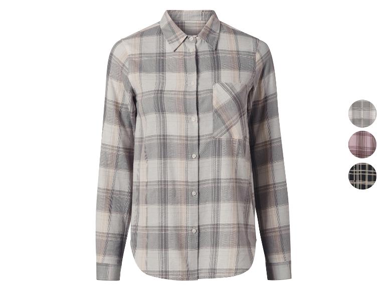 Chemise femme à carreaux gris et beige.