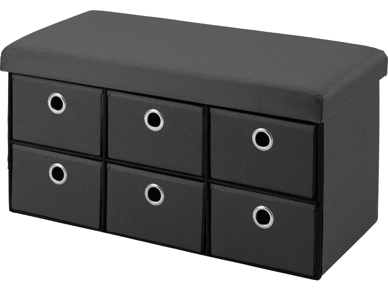 Banc de rangement gris avec six tiroirs en tissu